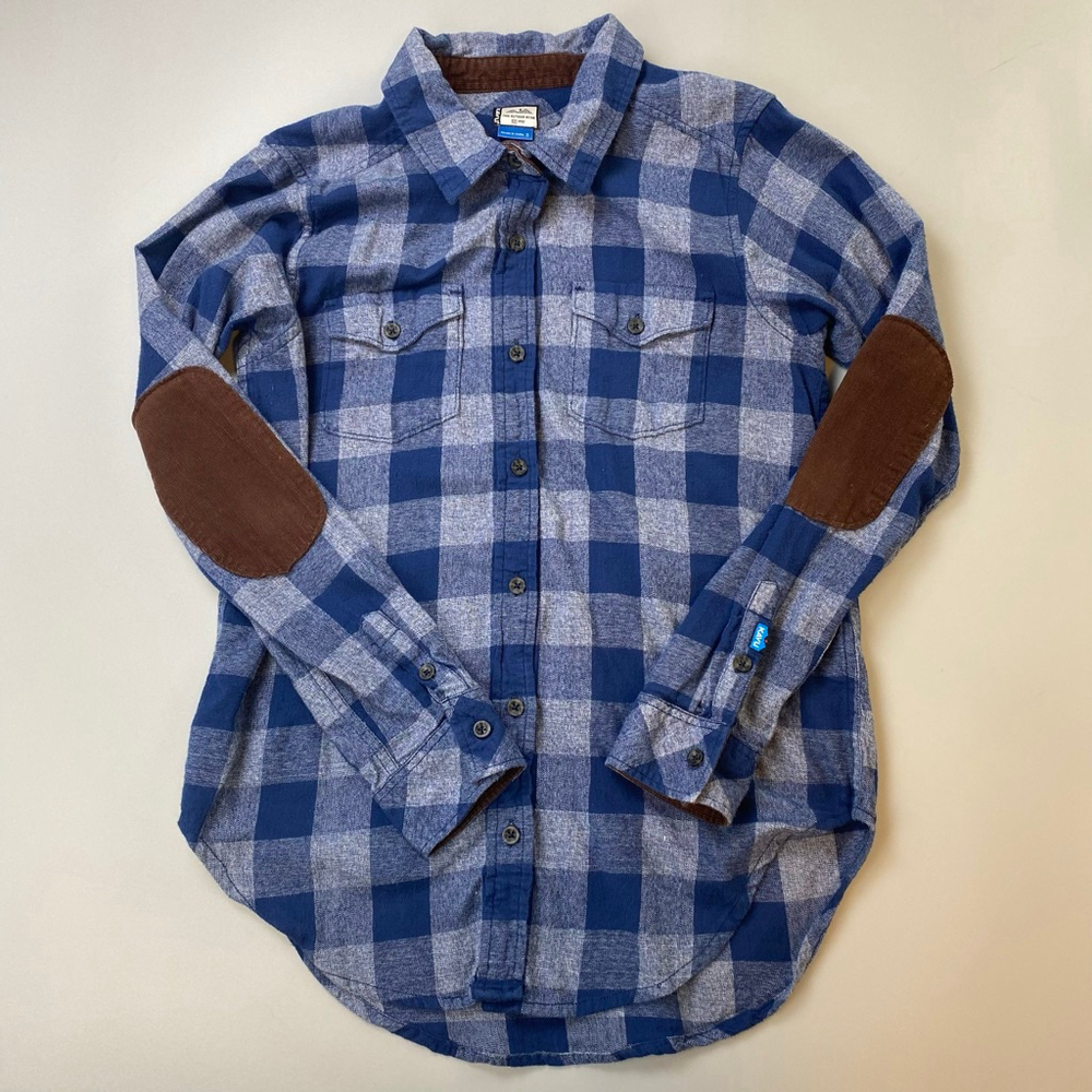 KAVU Flannel Shirt Womens Small Blue Grey Plaid Elbow Patch Fernie Brewing Gorp